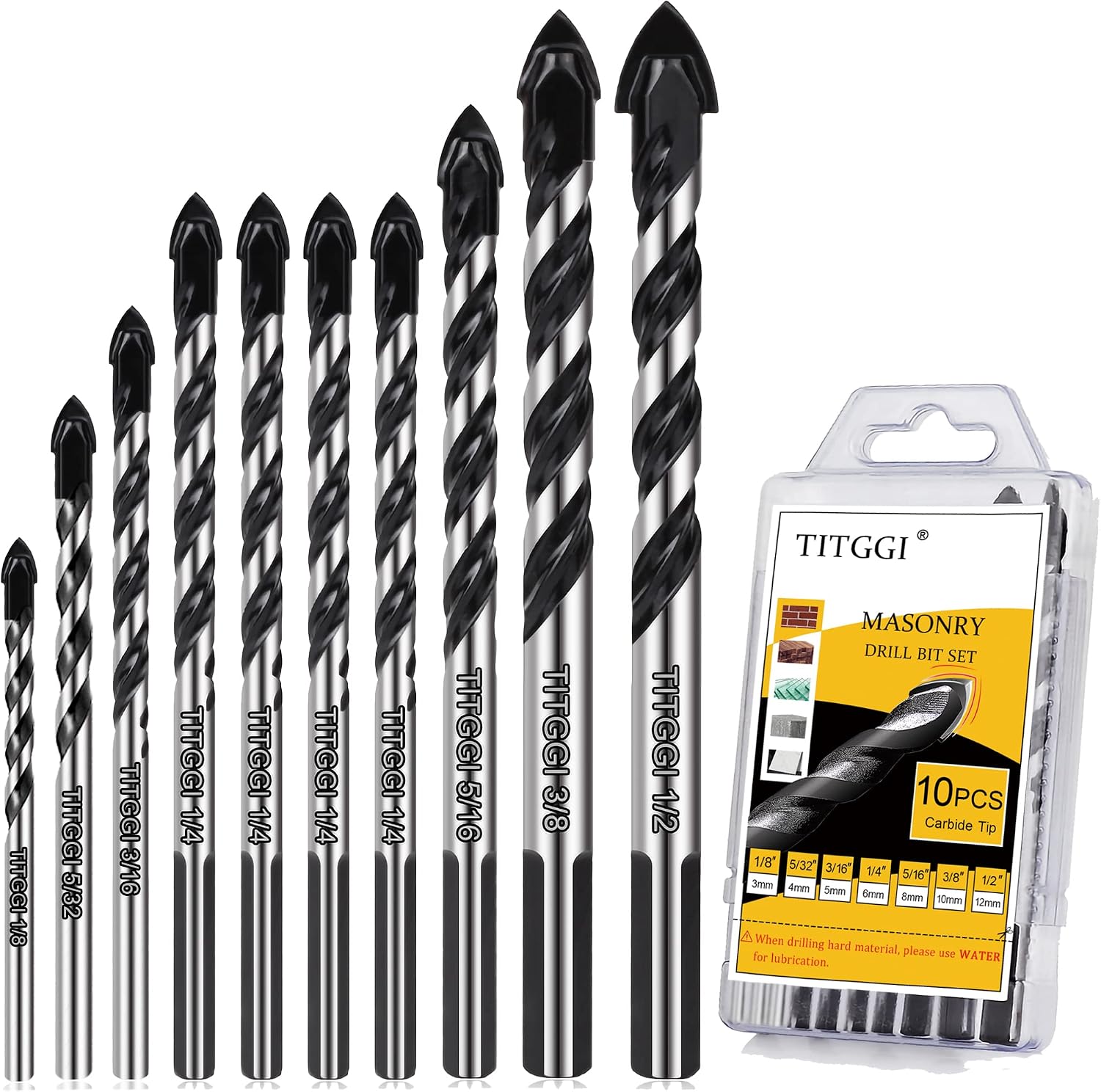 TITGGI 10 Pc Masonry Drill Bit Set, 1/8-1/2 In