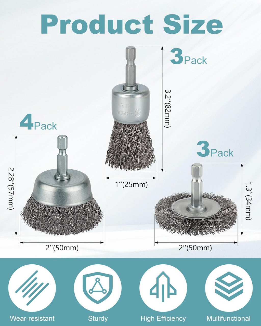 WENORA 10 Pc Wire Brush Set for Drill, 1/4 In Shank - Detail view