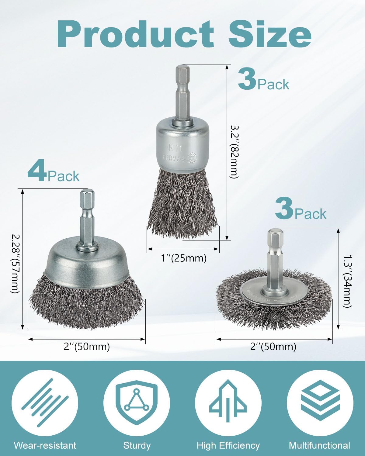 WENORA 10 Pc Wire Brush Set for Drill, 1/4 In Shank - Detail view