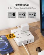 10 Ft Power Strip, 8 Outlets, 4 USB Ports - Alternate angle