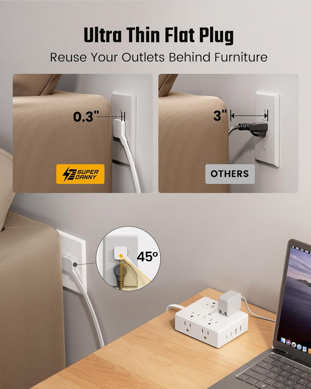 10 Ft Power Strip, 8 Outlets, 4 USB Ports - Close-up