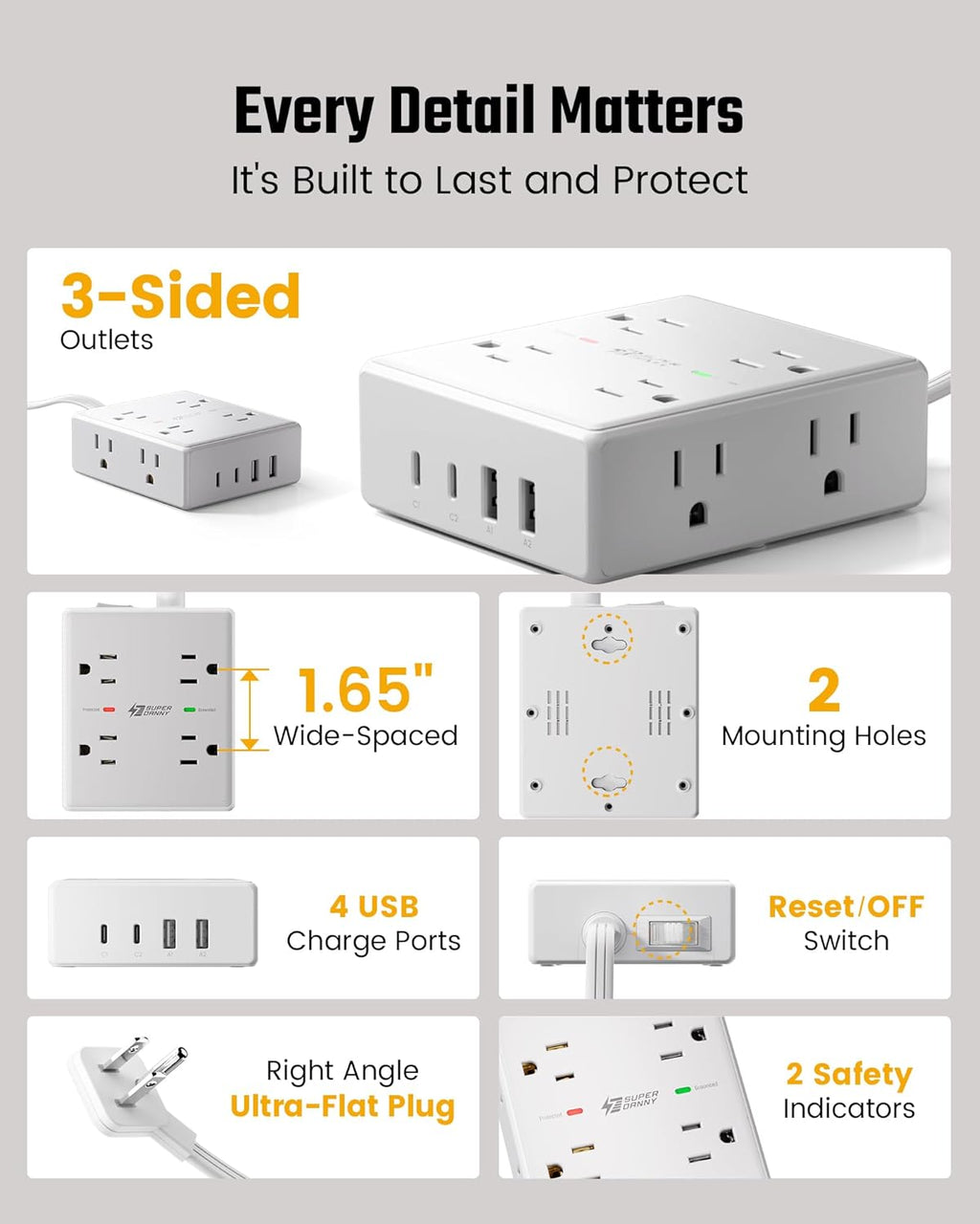 10 Ft Power Strip, 8 Outlets, 4 USB Ports - Additional view