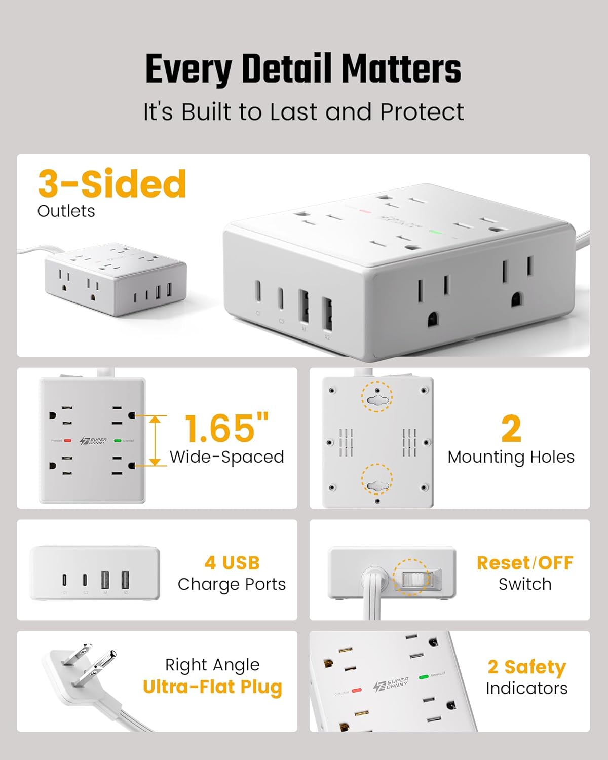 10 Ft Power Strip, 8 Outlets, 4 USB Ports - Additional view