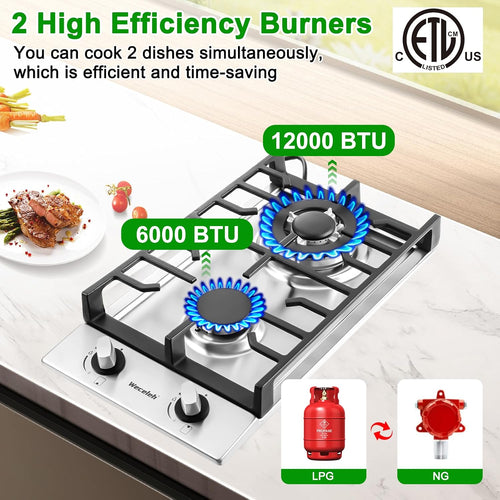 2 Burner 12 In Built-In Gas Cooktop, NG/LPG - Detail view