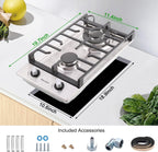 2 Burner 12 In Built-In Gas Cooktop, NG/LPG - Size reference