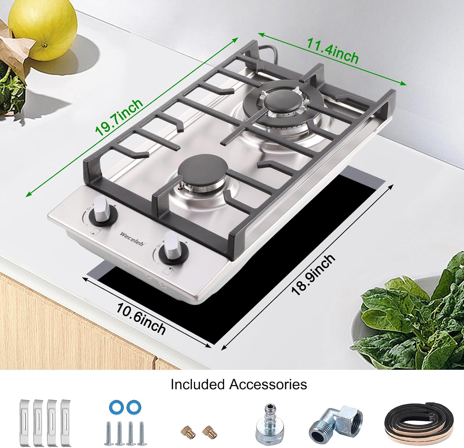 2 Burner 12 In Built-In Gas Cooktop, NG/LPG - Size reference