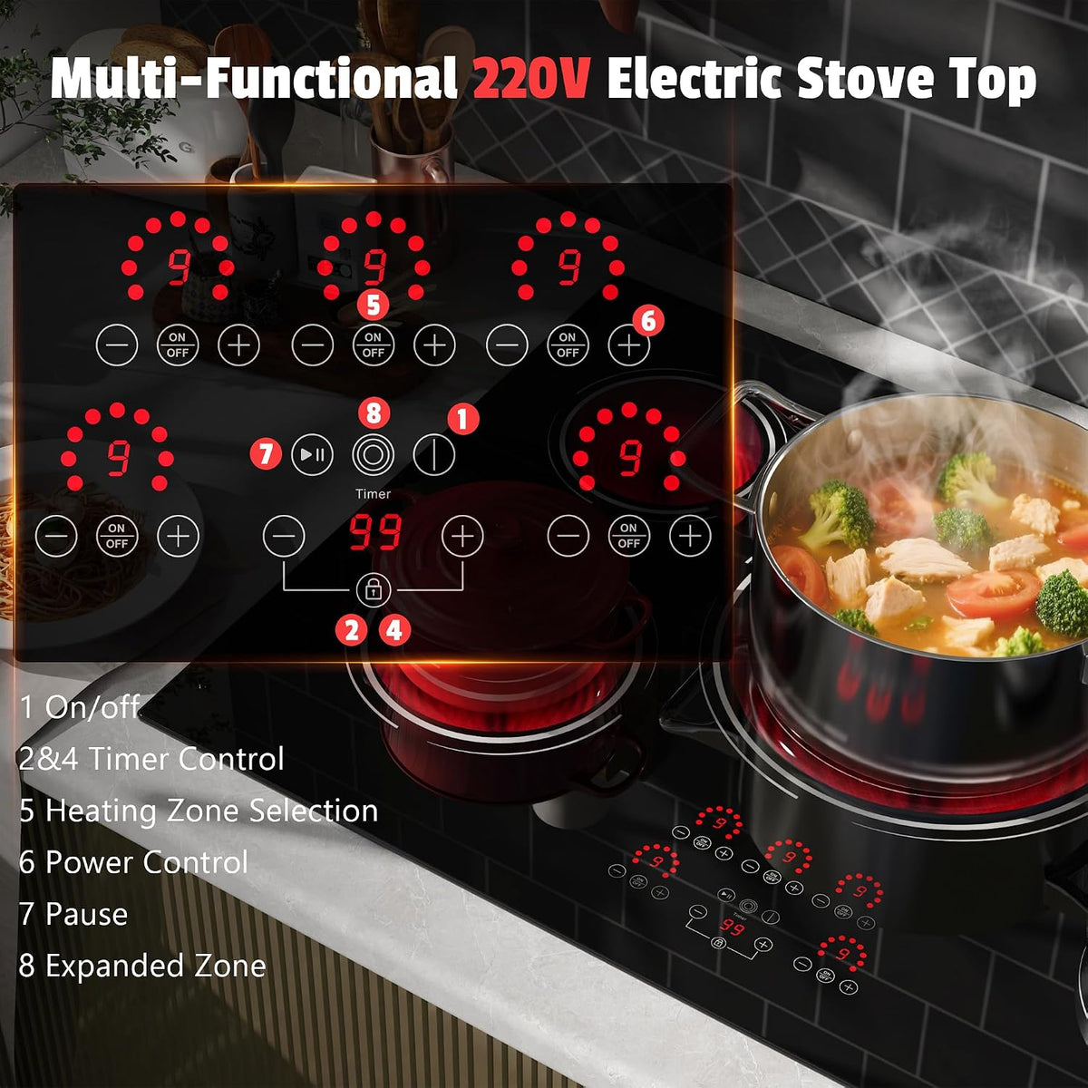 Electric Cooktop 30 In 9000W 5 Burner Hard Wired - Detail view