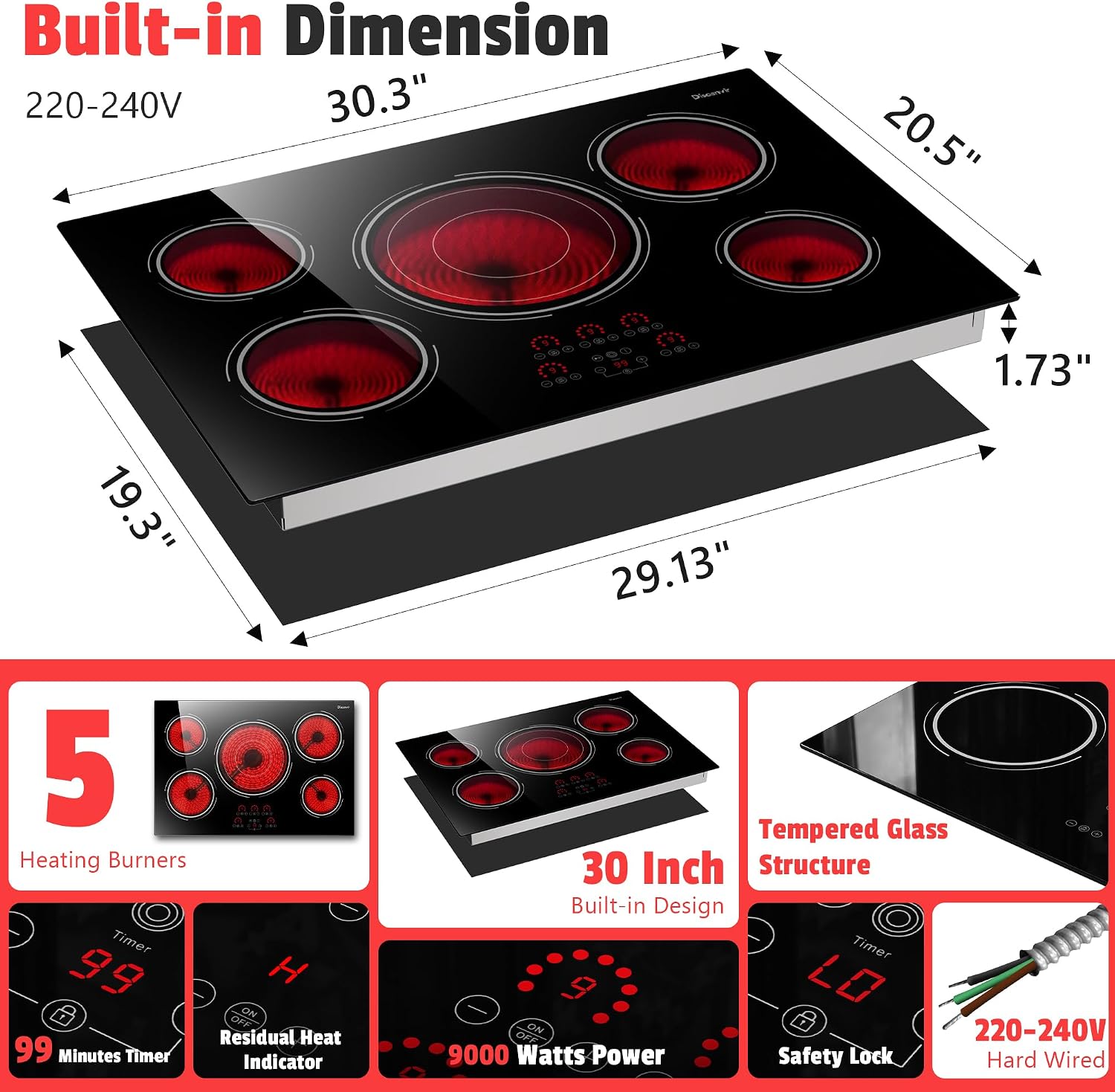 Electric Cooktop 30 In 9000W 5 Burner Hard Wired - Size reference
