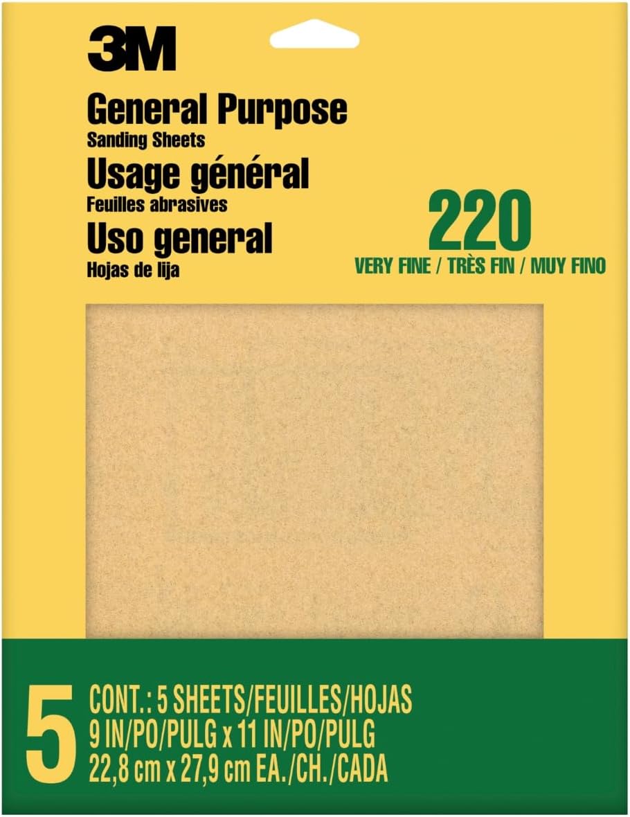 3M Sandpaper 220 Grit 9 x 11 In 5 Sheets
