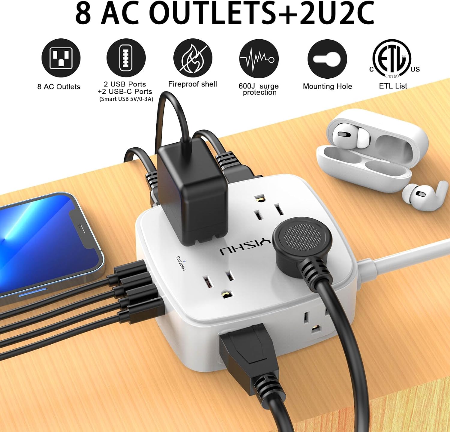 YISHU 8-Outlet Surge Protector Power Strip - Detail view