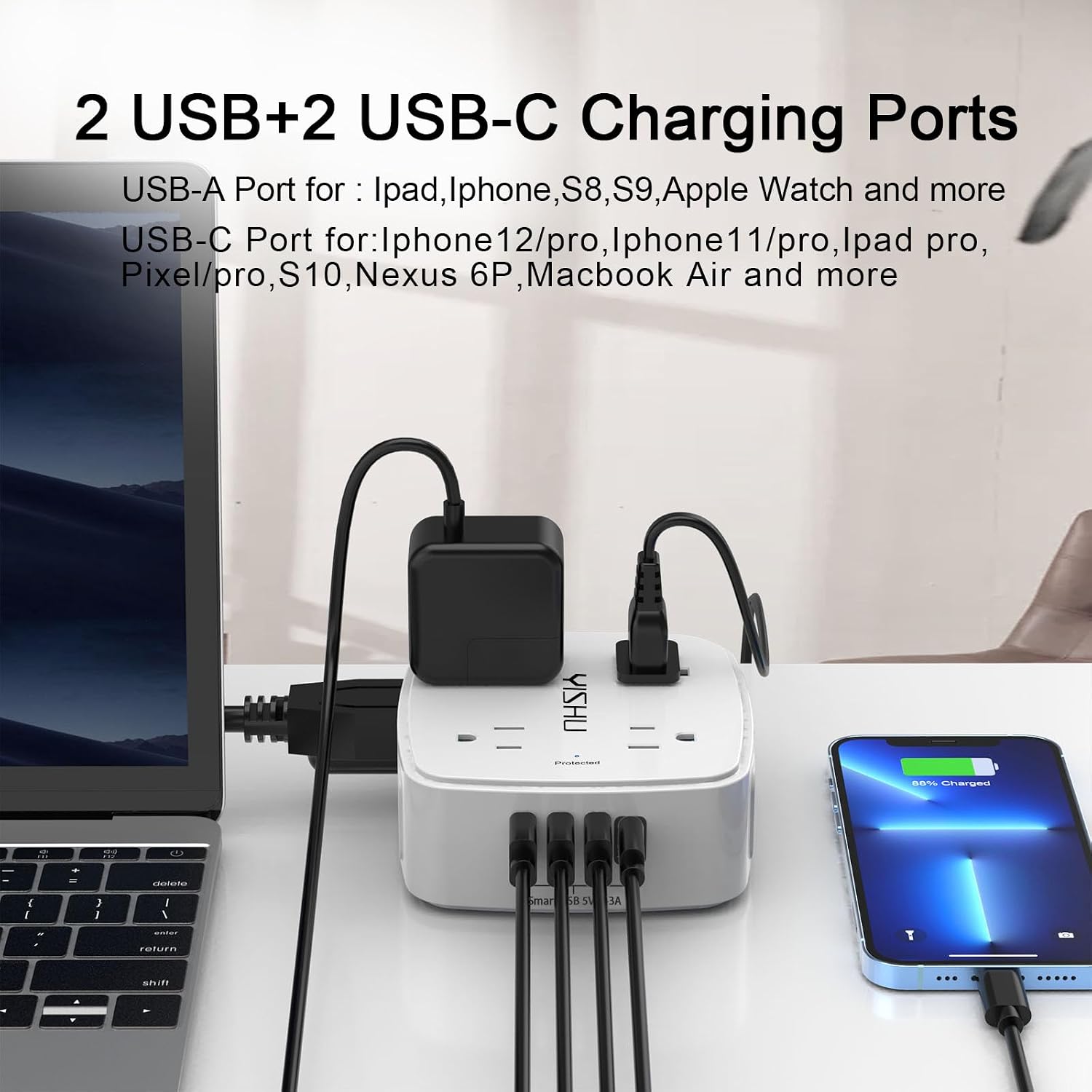 YISHU 8-Outlet Surge Protector Power Strip - Size reference