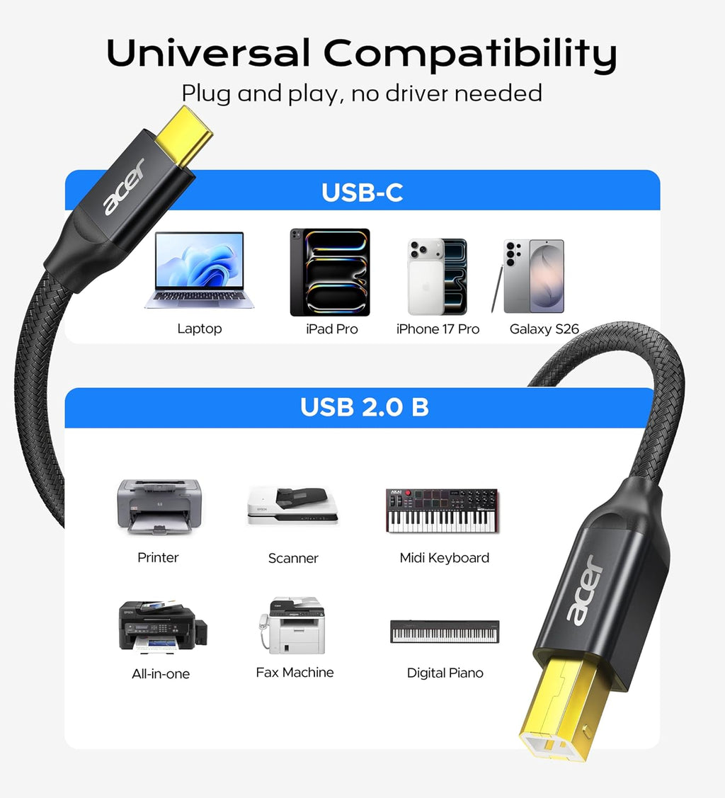 Acer USB B to USB C Printer Cable 6.6 ft - In use