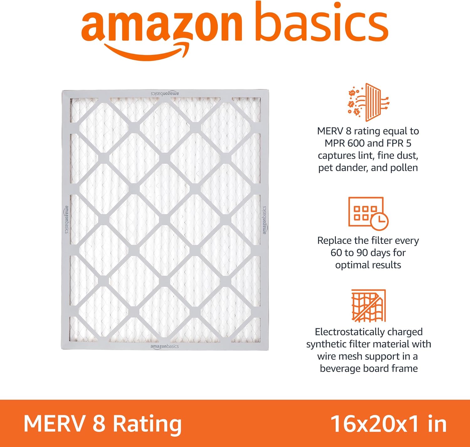 Amazon Basics 16x20x1 MERV 8 Air Filter 6-Pack - Detail view