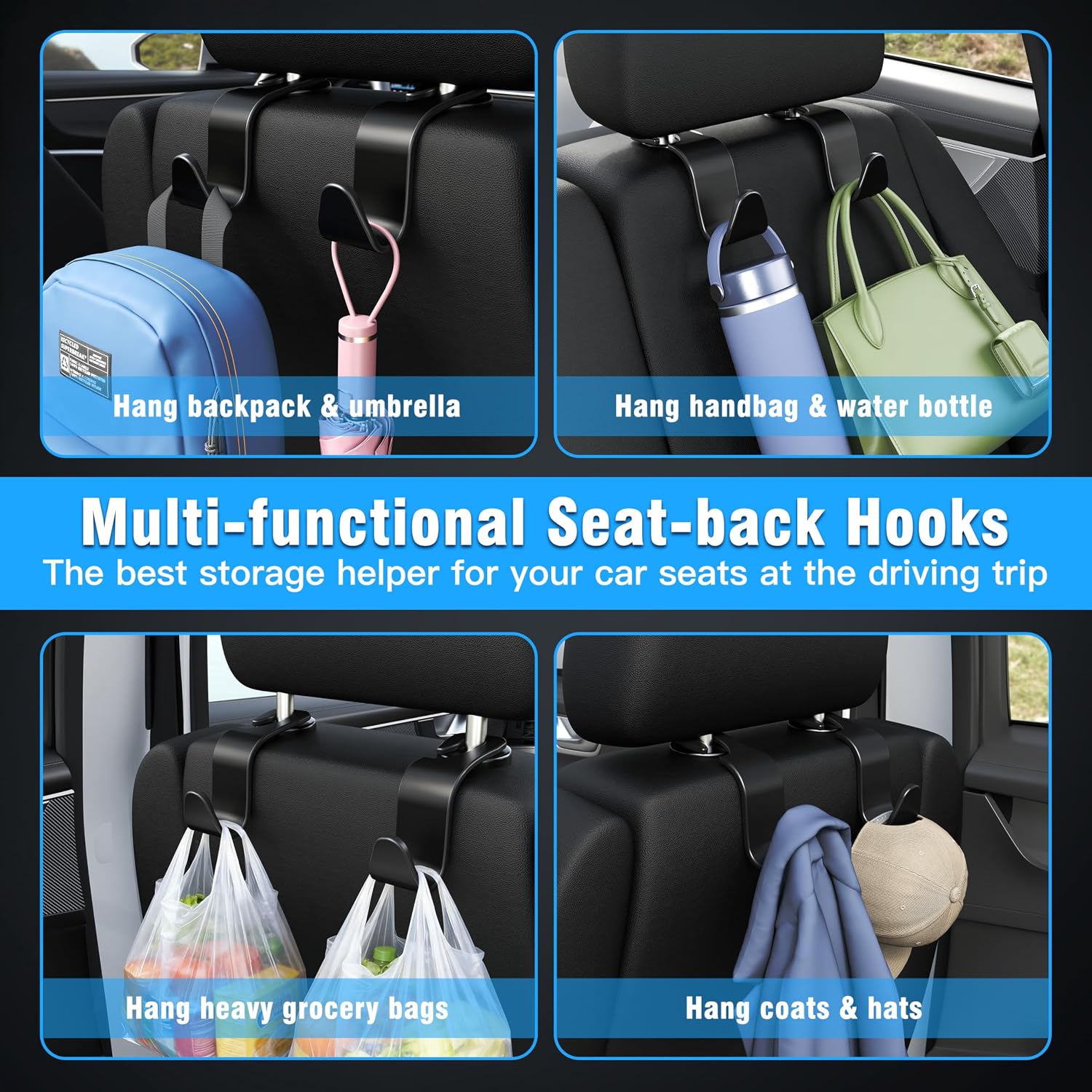 Amooca 4-Pack Car Headrest Hooks, Holds 55 lbs - Alternate angle