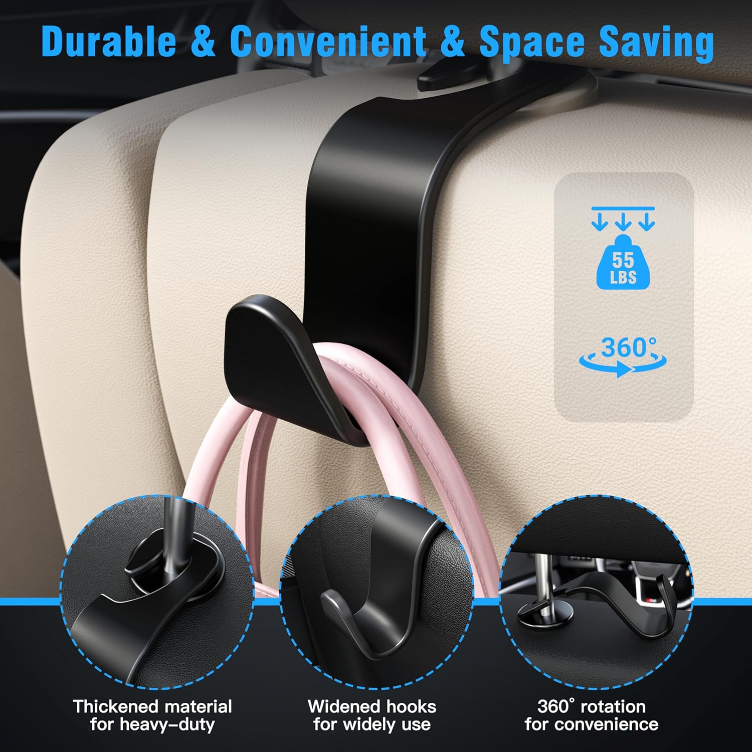 Amooca 4-Pack Car Headrest Hooks, Holds 55 lbs - Size reference