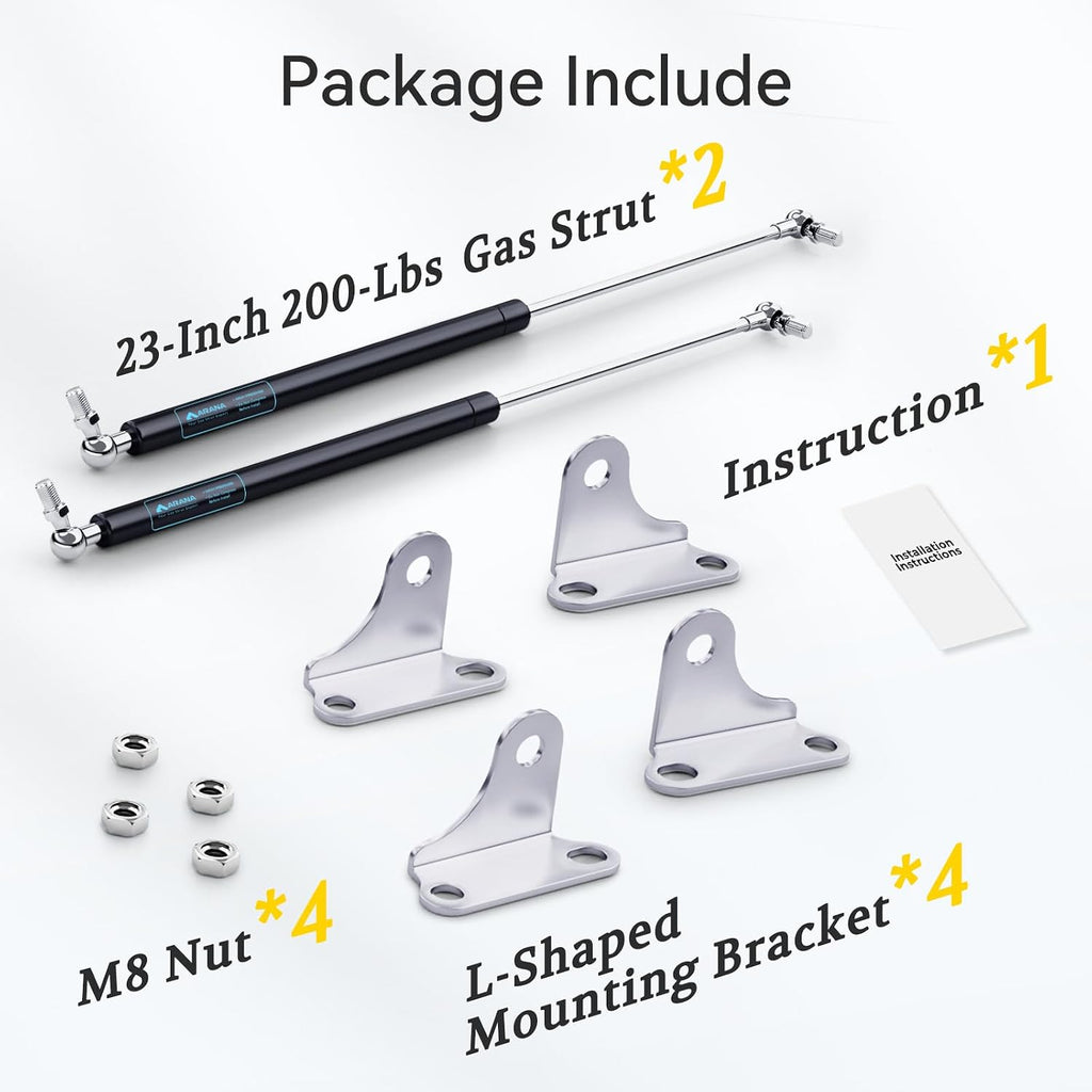 ARANA Gas Struts 23 Inch 200 lbs, 2 Pack - Packaging