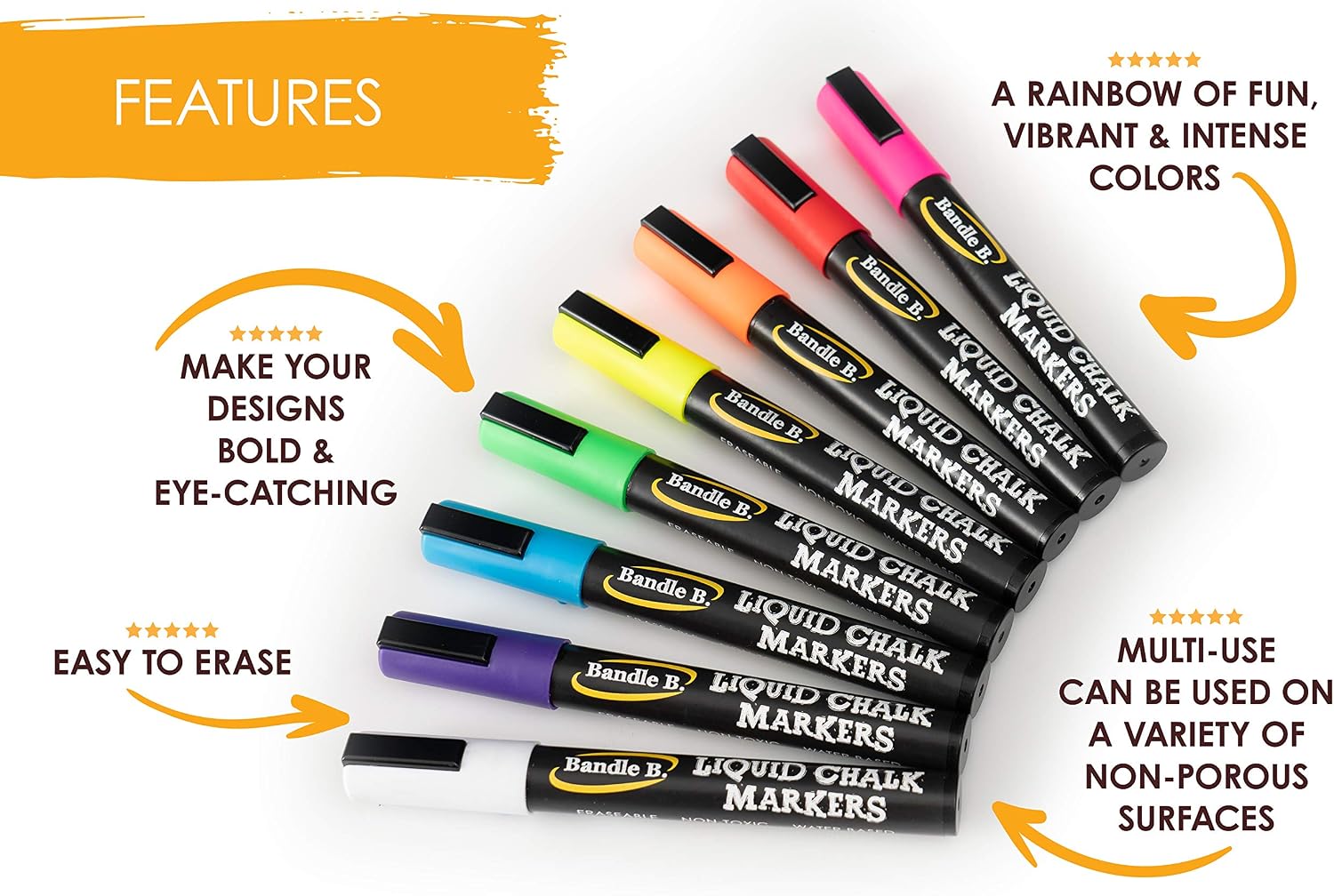 Bandle B. Erasable Chalk Markers, 8 Vibrant Colors - Alternate angle