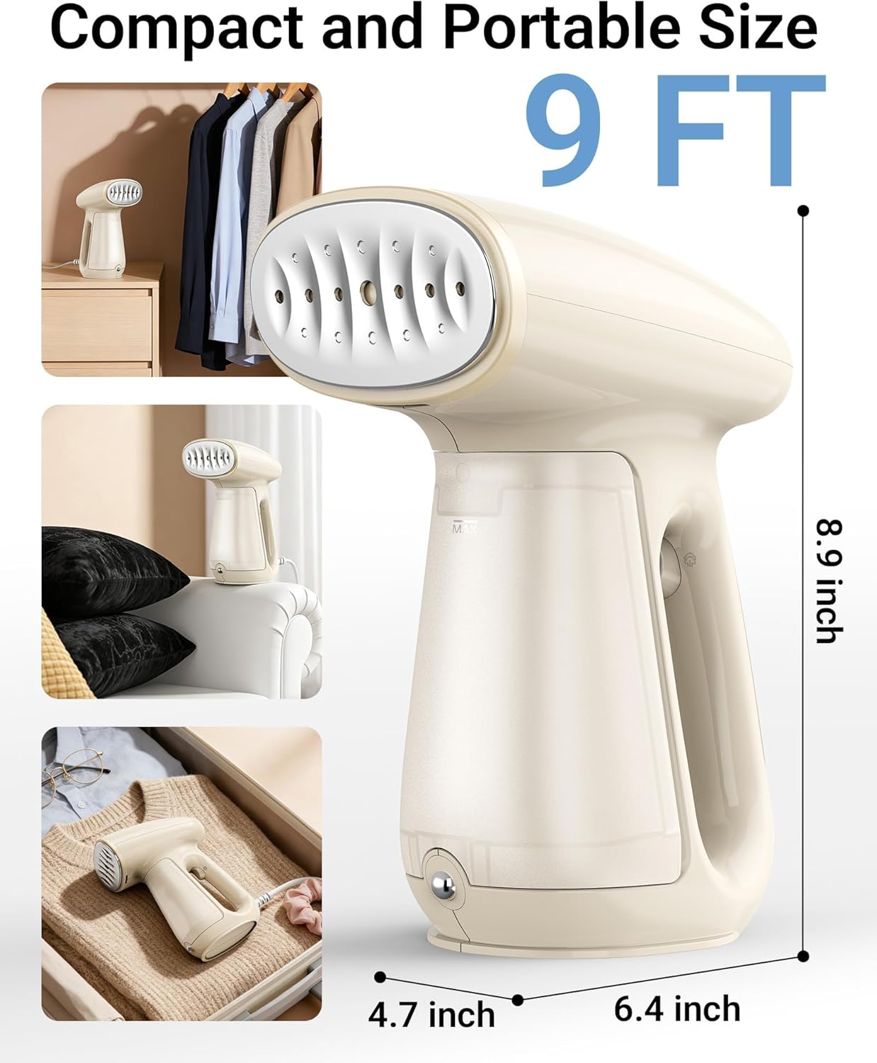 1300W Clothes Steamer, 25s Heat-Up, 230ml Tank - Size reference
