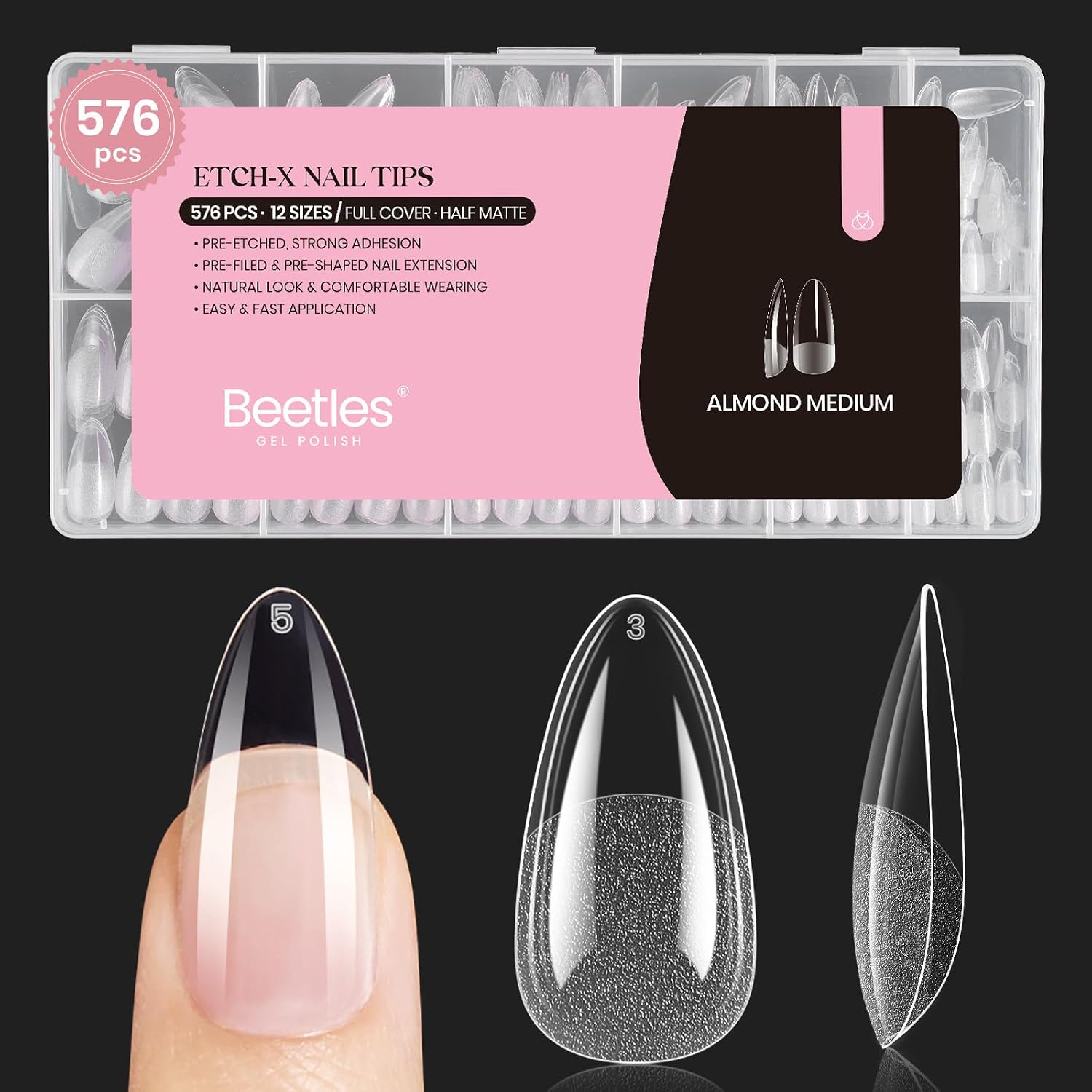 Beetles Almond Nail Tips, 576 pcs, 12 Sizes