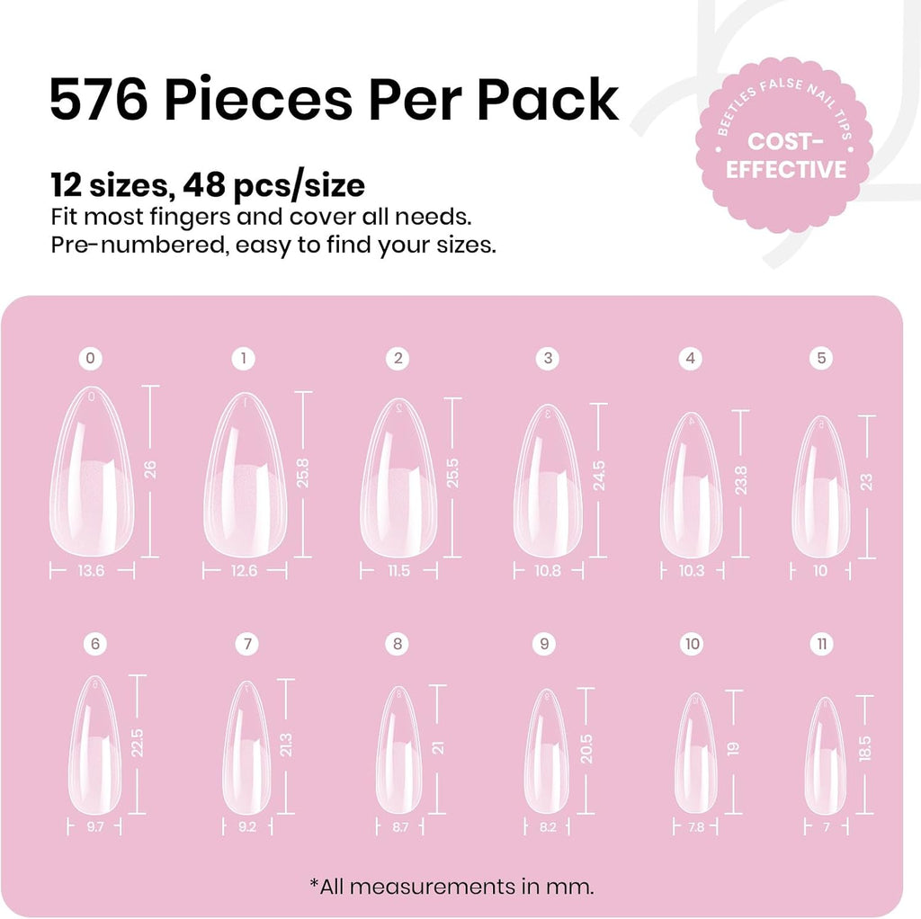 Beetles Almond Nail Tips, 576 pcs, 12 Sizes - Size reference