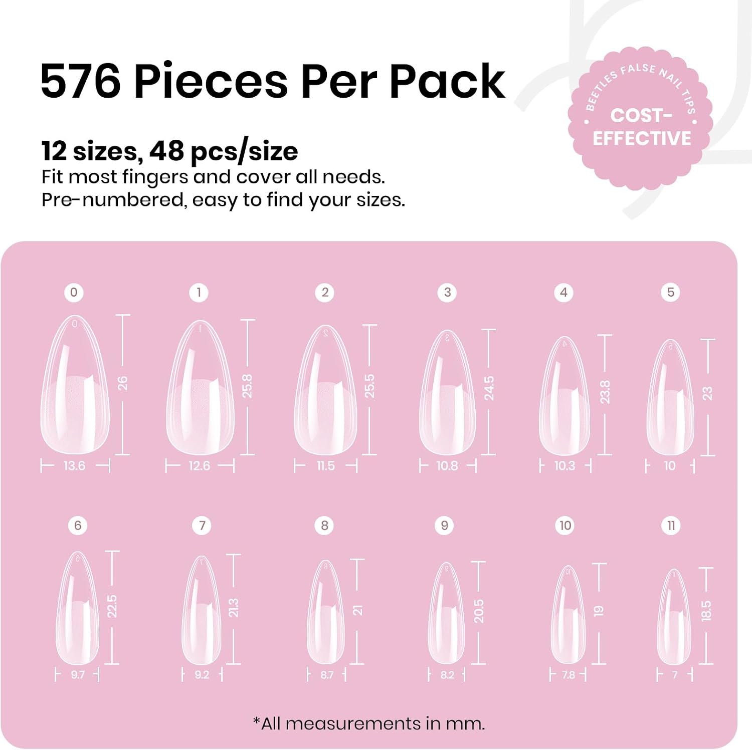 Beetles Almond Nail Tips, 576 pcs, 12 Sizes - Size reference