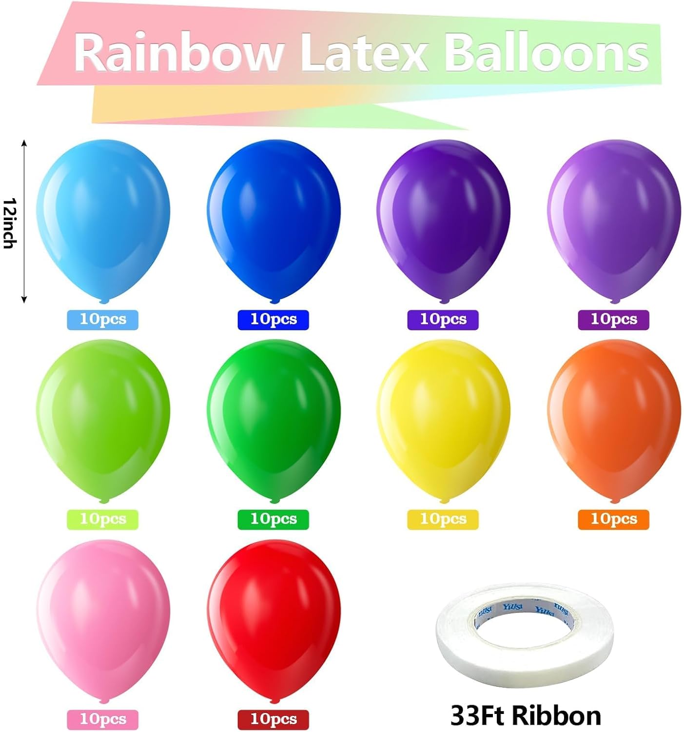 Bezente Rainbow Latex Balloons, 100 Pack 12 Inch - Detail view