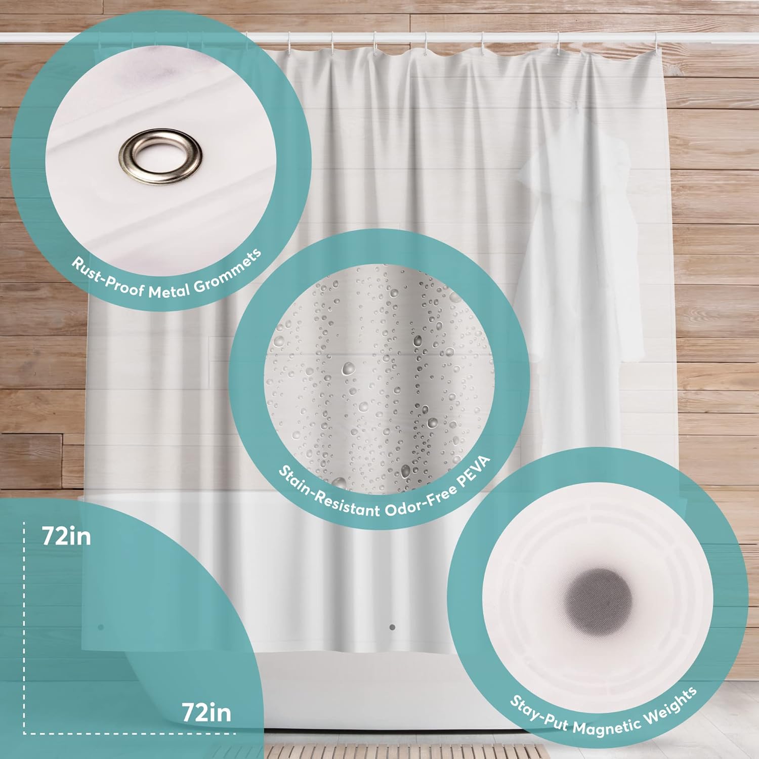 BigFoot Clear Shower Curtain, 72x72 PEVA Waterproof - Alternate angle