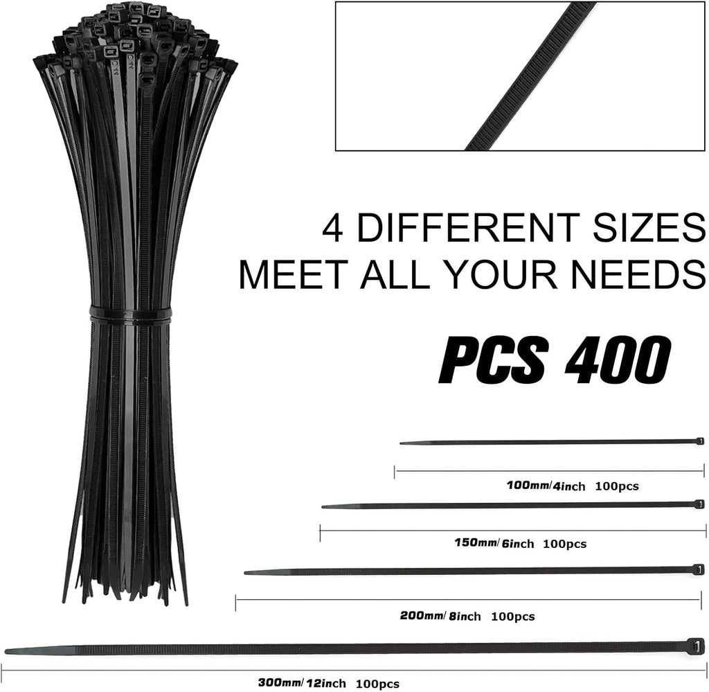 Cable Zip Ties 400 Pack, Assorted Sizes - Detail view
