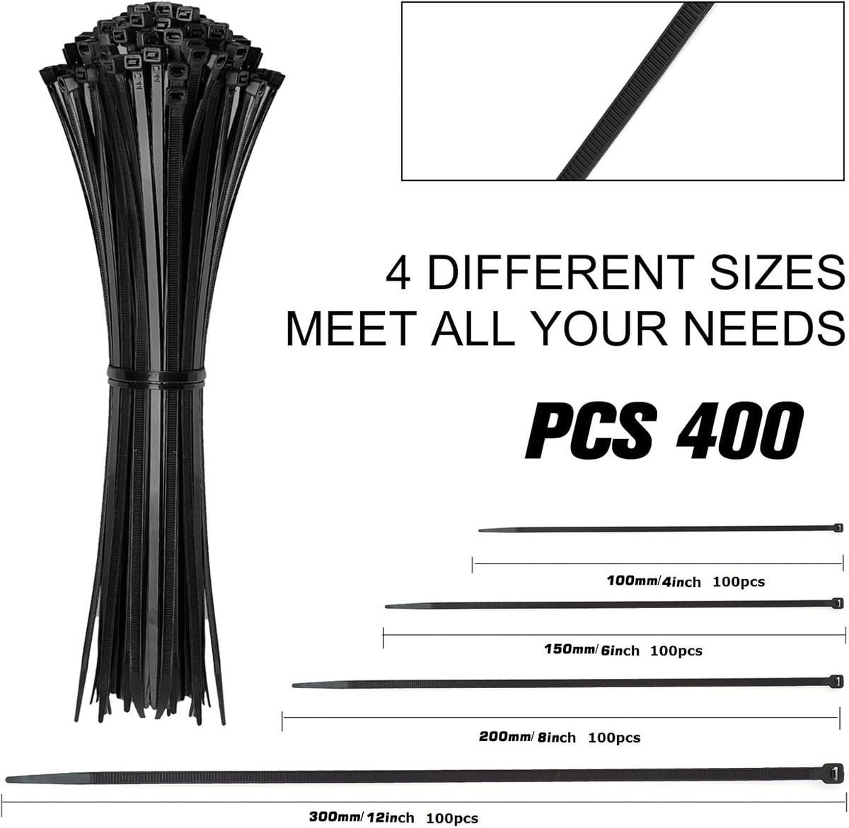 Cable Zip Ties 400 Pack, Assorted Sizes - Detail view