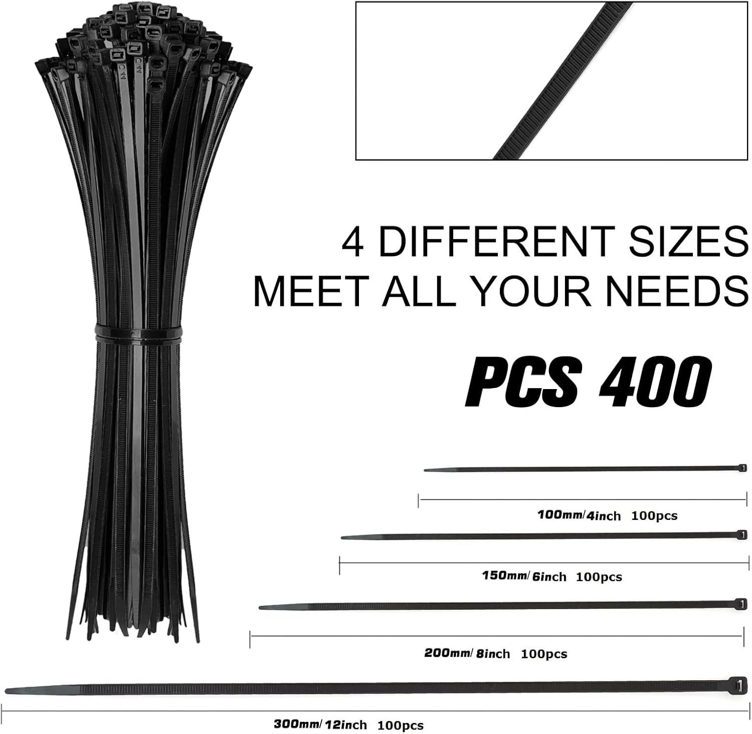 Cable Zip Ties 400 Pack, Assorted Sizes - Detail view