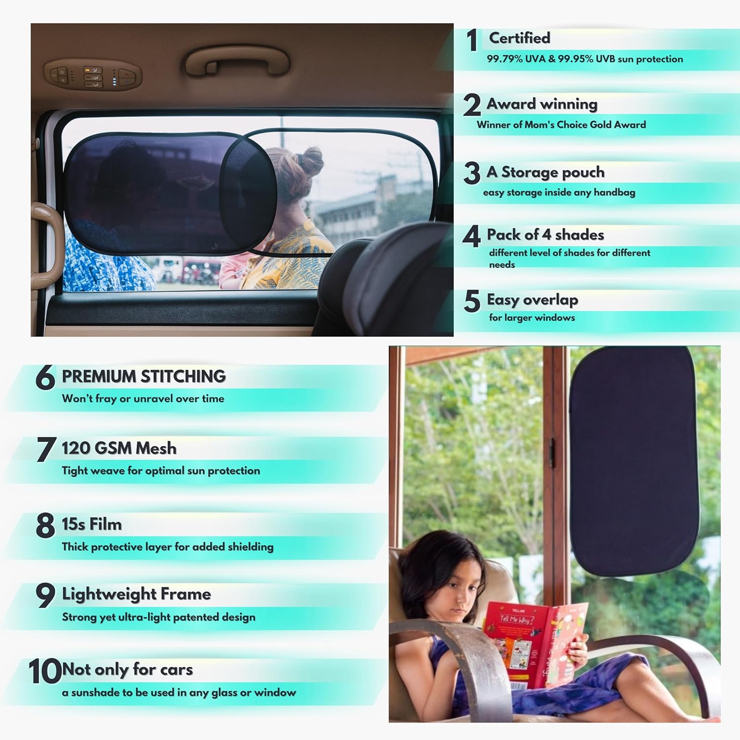Car Window Shades, UVA and UVB Protection - Alternate angle
