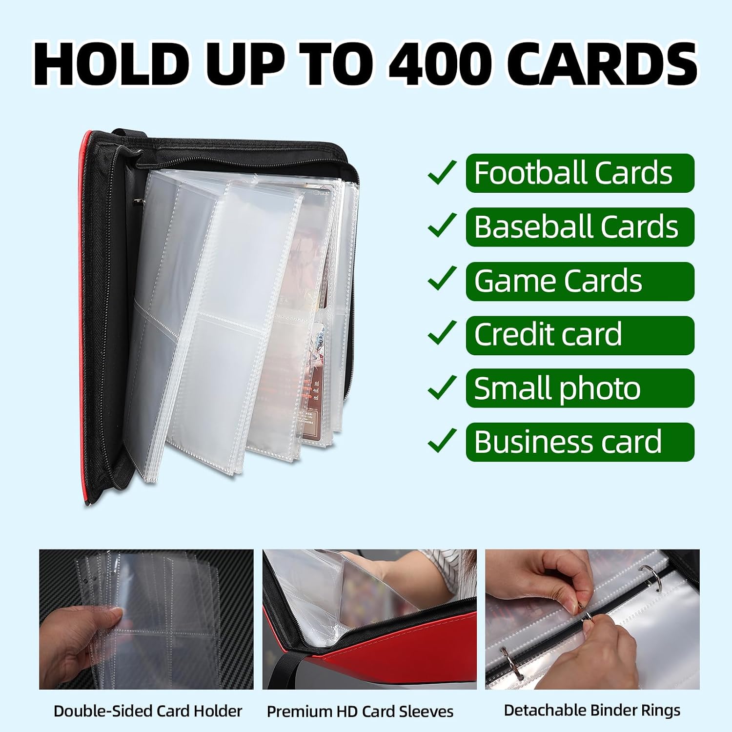 FootJKYX 4-Pocket Trading Card Binder, 400 Pockets - Size reference