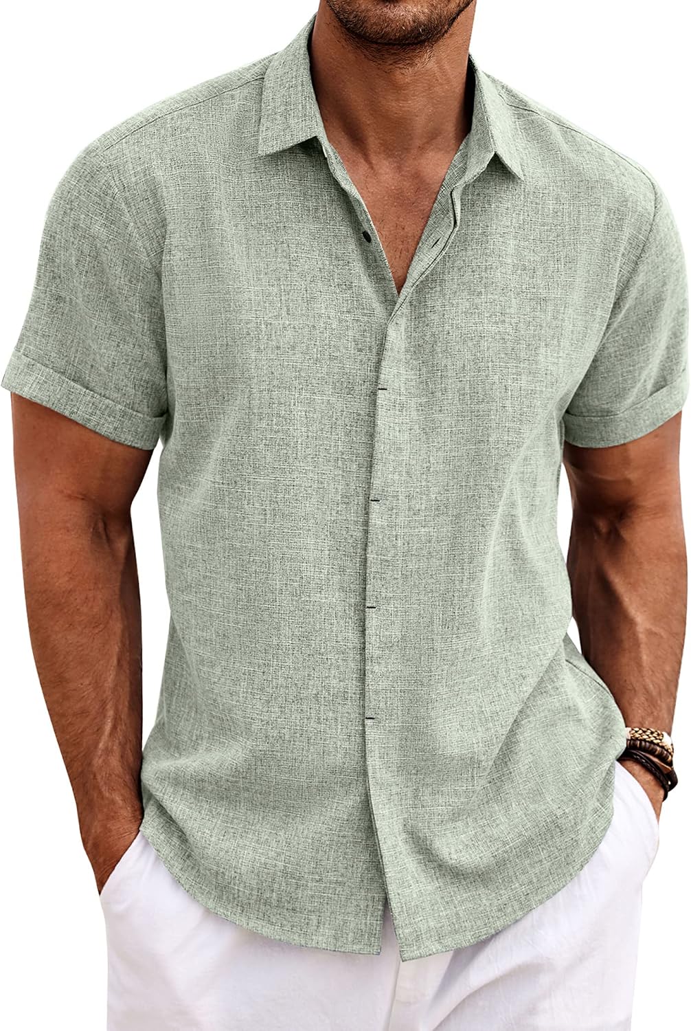 COOFANDY Men's Linen Short Sleeve Button-Down Shirt