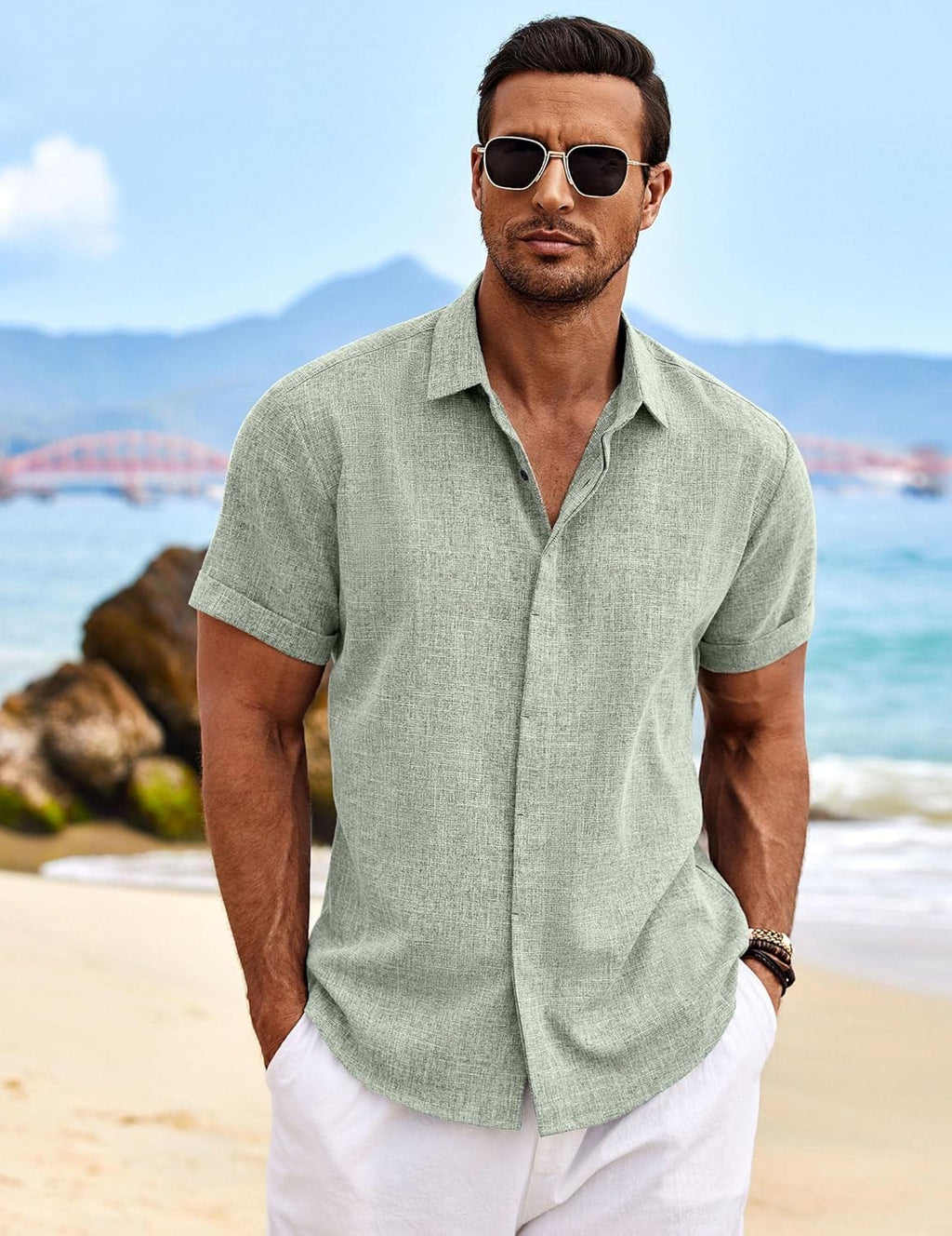 COOFANDY Men's Linen Short Sleeve Button-Down Shirt - Detail view