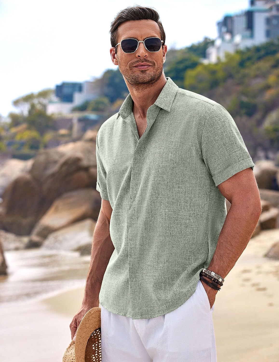 COOFANDY Men's Linen Short Sleeve Button-Down Shirt - Close-up