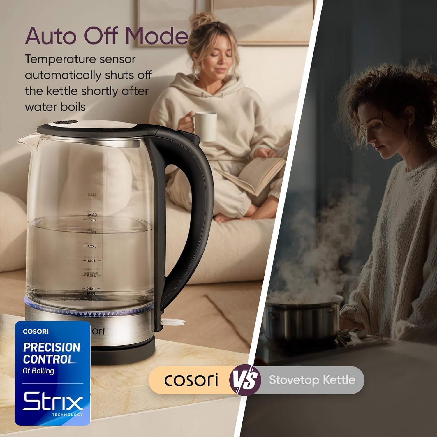 Cosori Electric Kettle, 1.7L, 1500W, Black - Feature highlight