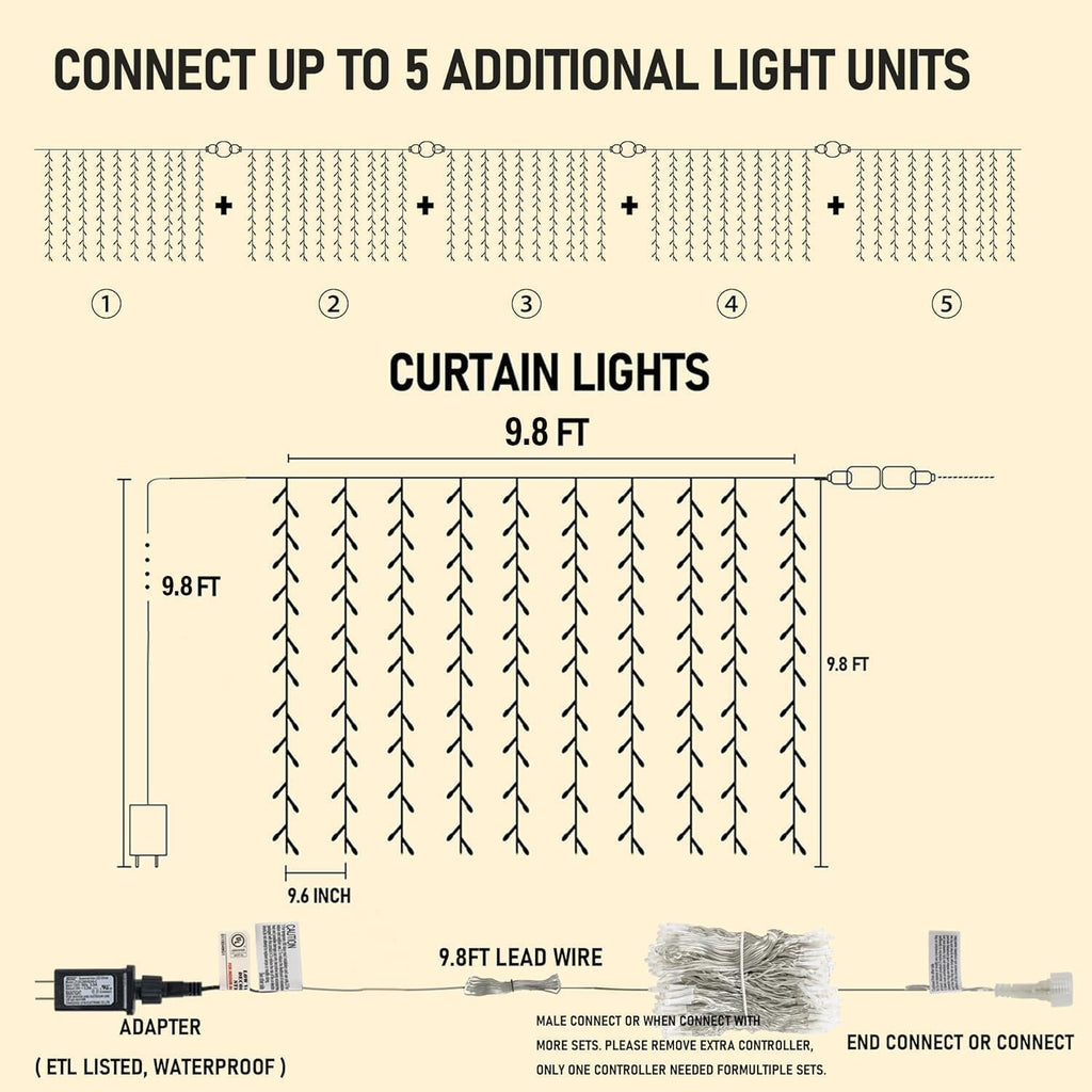 Dazzle Bright 300 LED Curtain Lights, Warm White - Detail view