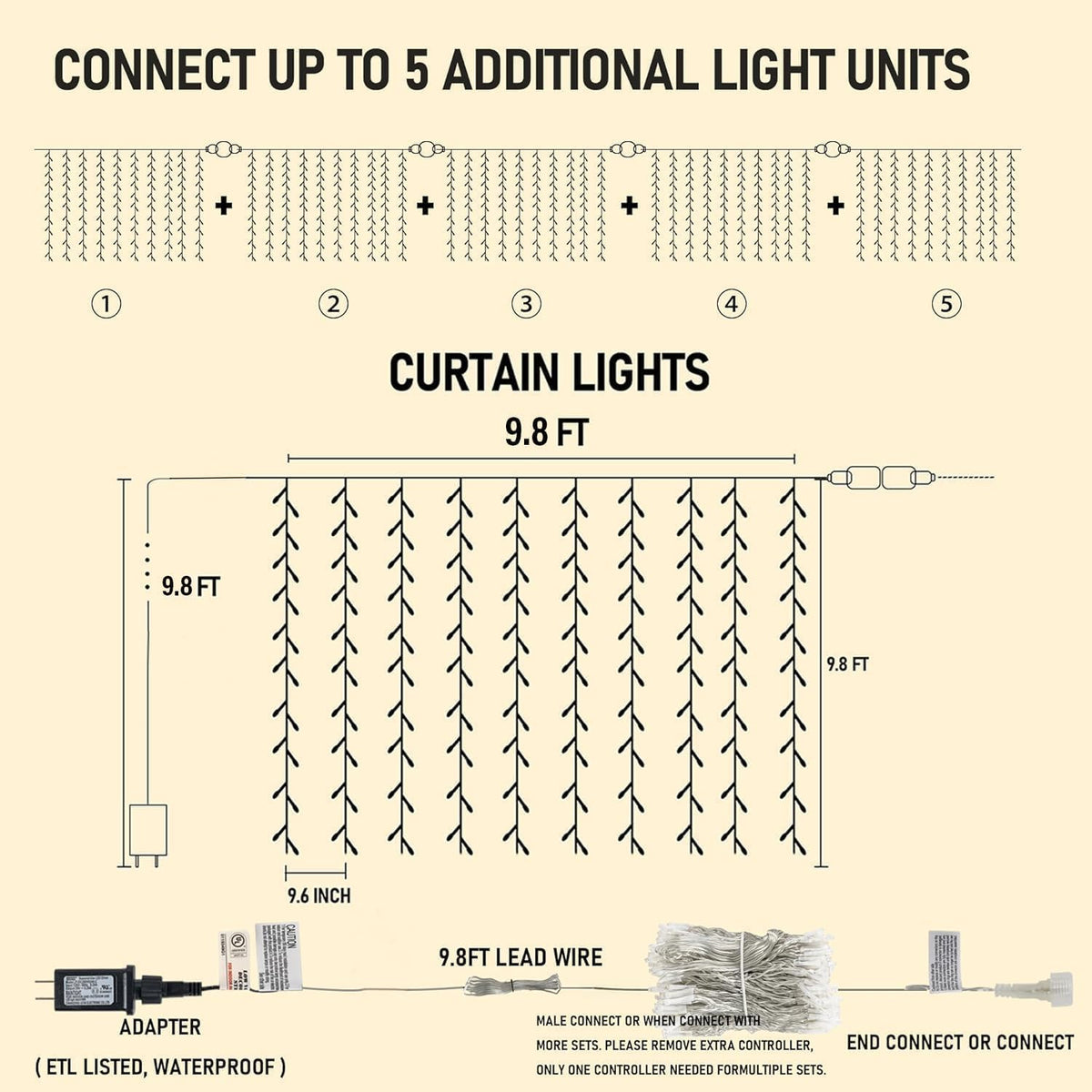 Dazzle Bright 300 LED Curtain Lights, Warm White - Detail view