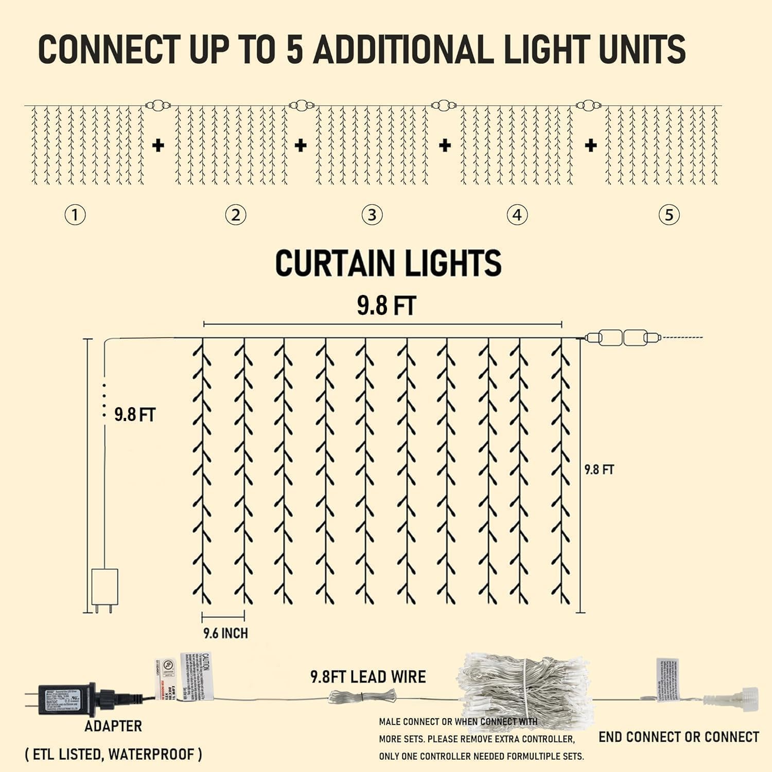 Dazzle Bright 300 LED Curtain Lights, Warm White - Detail view