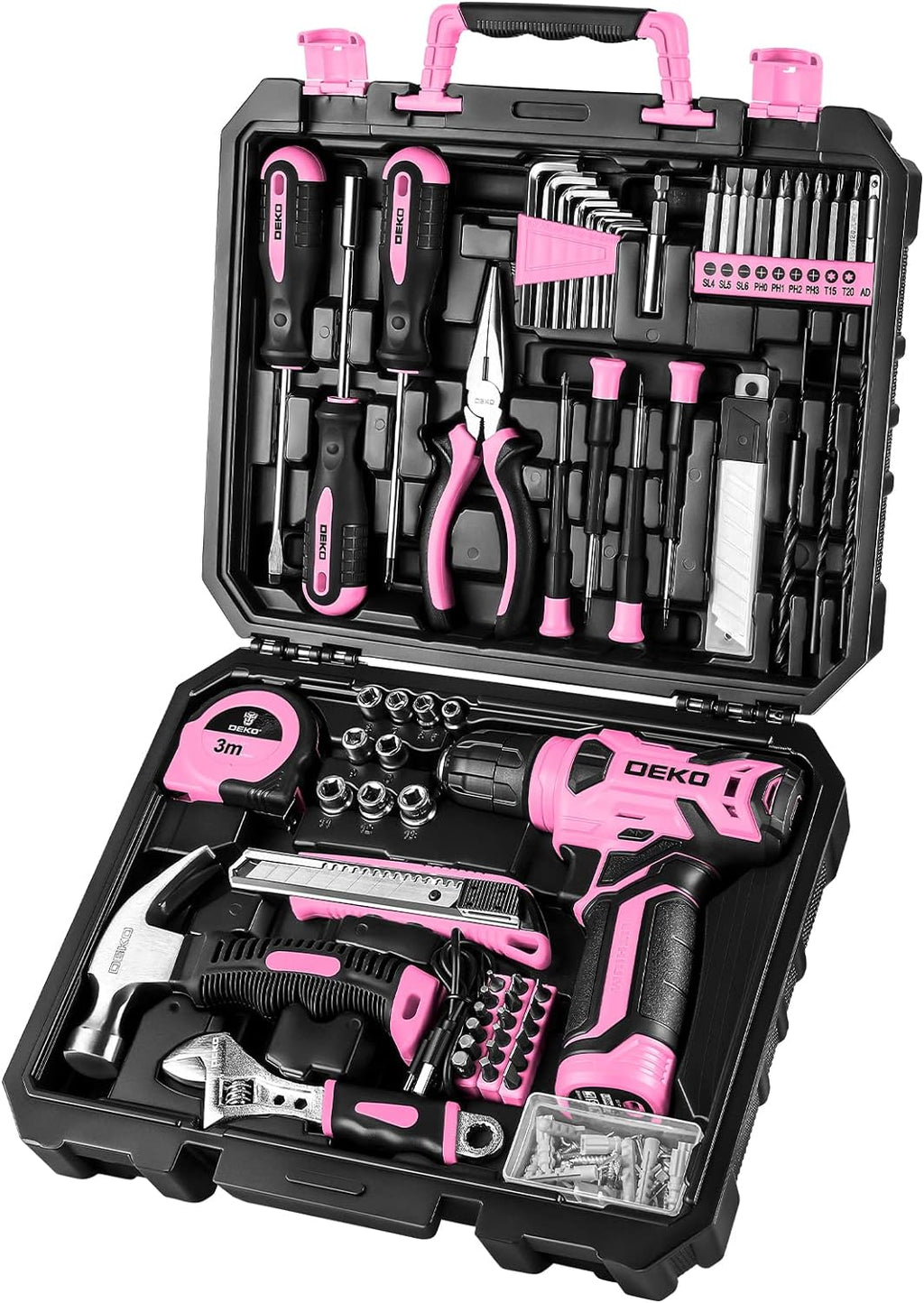 DEKOPRO 126-Pc Tool Set with Pink Cordless Drill