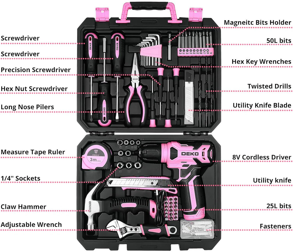 DEKOPRO 126-Pc Tool Set with Pink Cordless Drill - Detail view