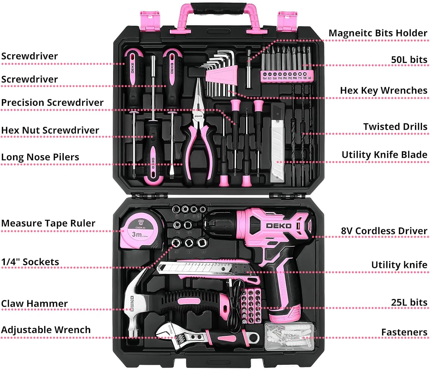DEKOPRO 126-Pc Tool Set with Pink Cordless Drill - Detail view