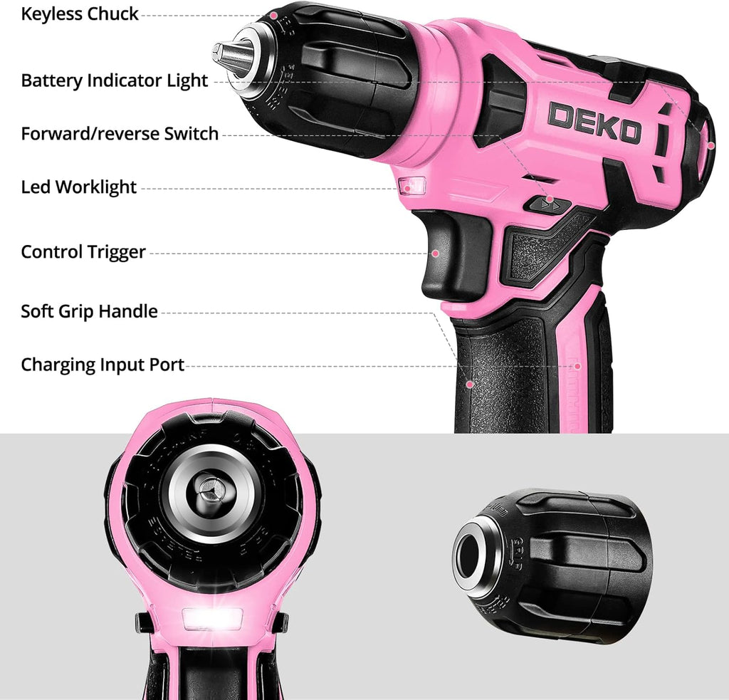 DEKOPRO 126-Pc Tool Set with Pink Cordless Drill - Close-up