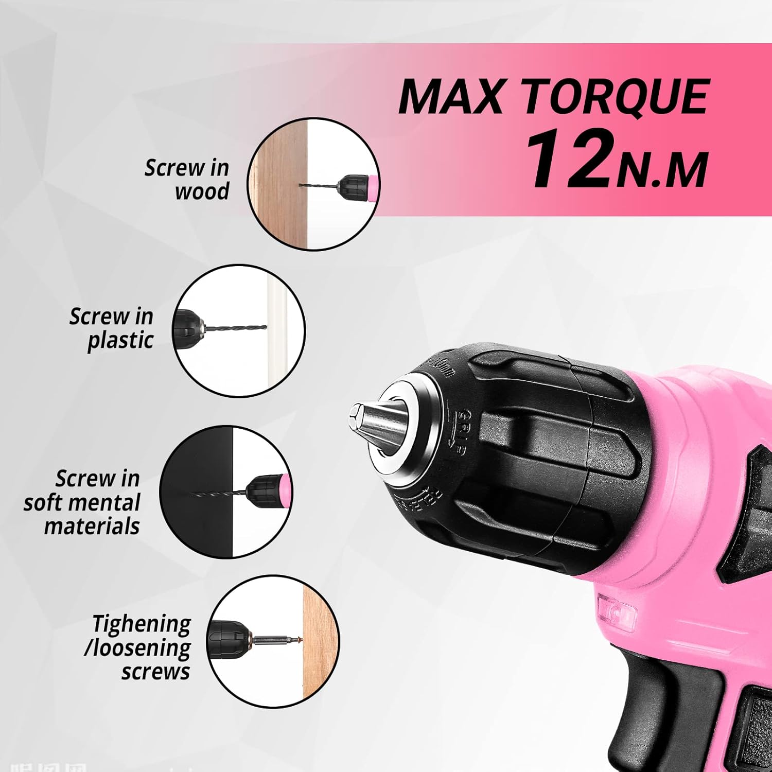 DEKOPRO 126-Pc Tool Set with Pink Cordless Drill - Size reference