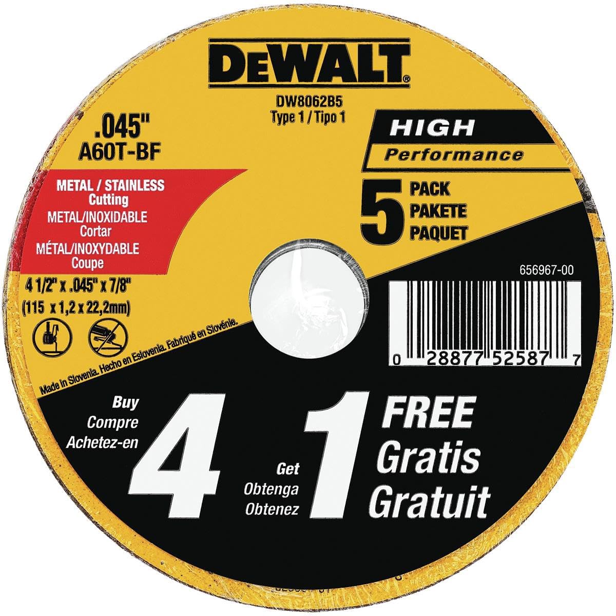 DEWALT 4-1/2 In Cut-Off Wheels, 5 Pack (DW8062B5) - Detail view
