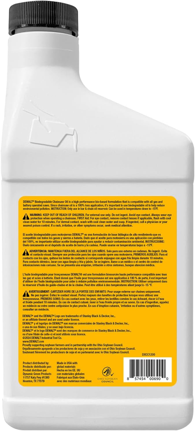 DEWALT Biodegradable Bar and Chain Oil, 16 oz - Alternate angle