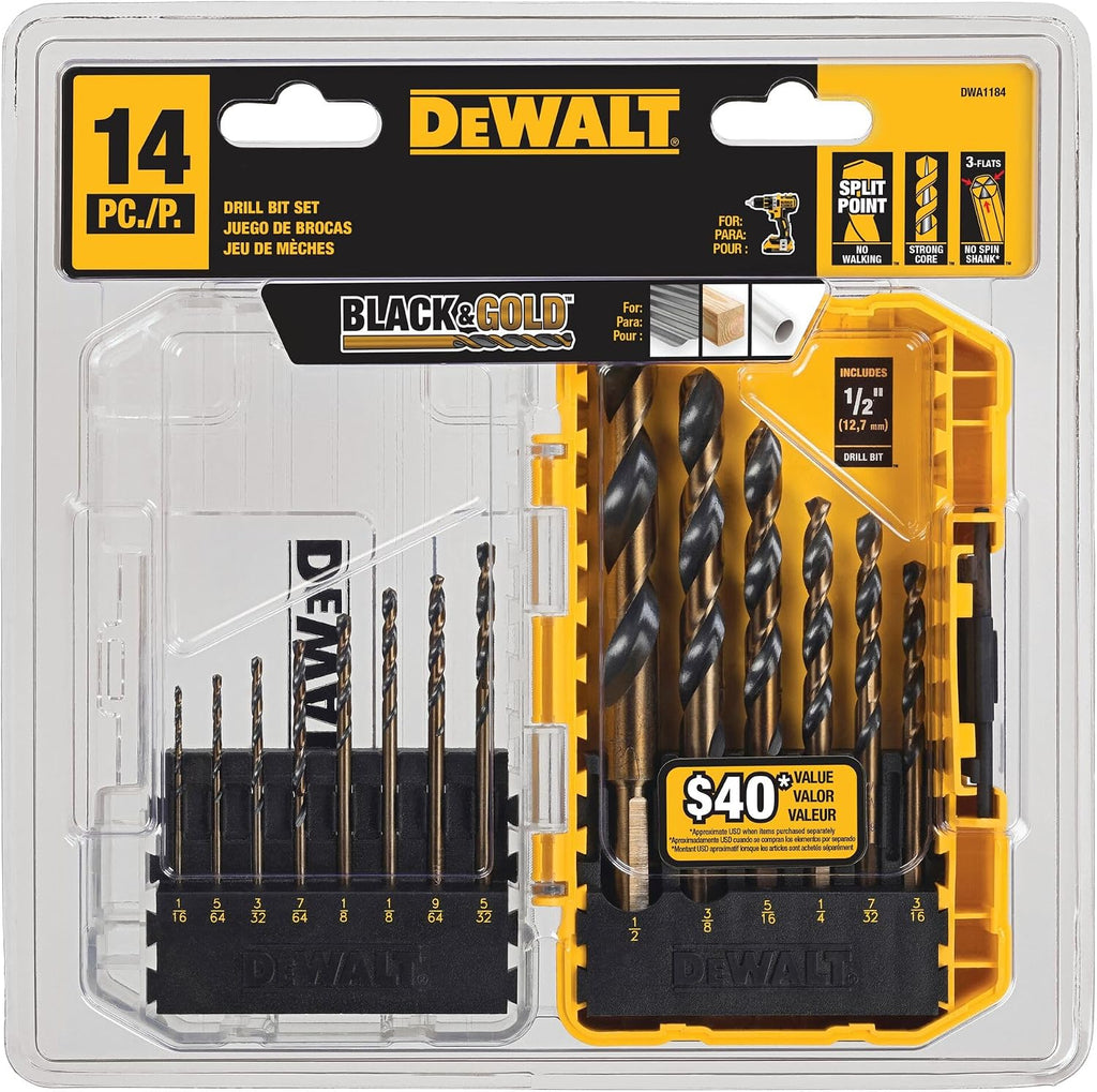 DEWALT 14-Pc Drill Bit Set, Split Point (DWA1184) - Size reference