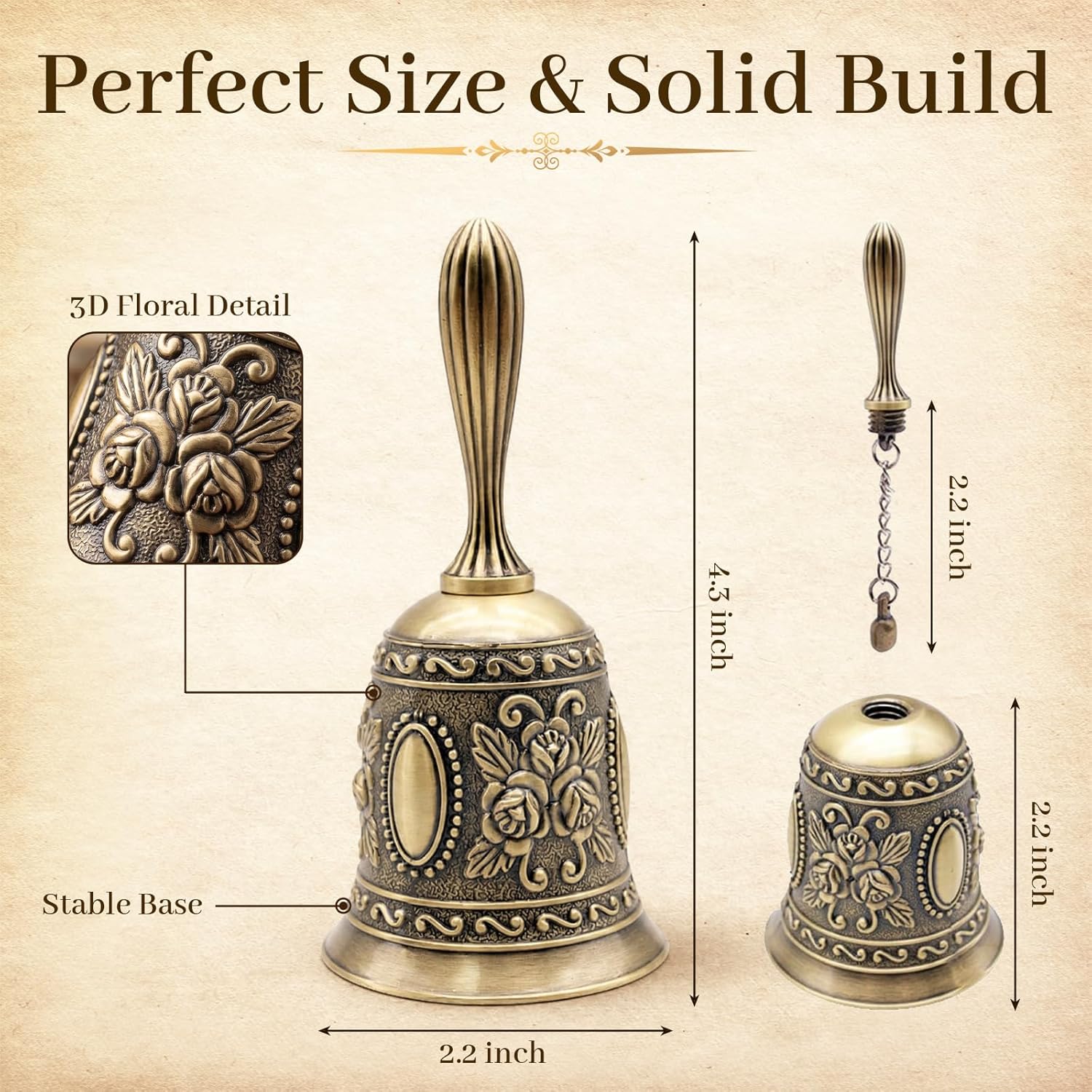 DomeStar Vintage Brass Hand Bell - Size reference