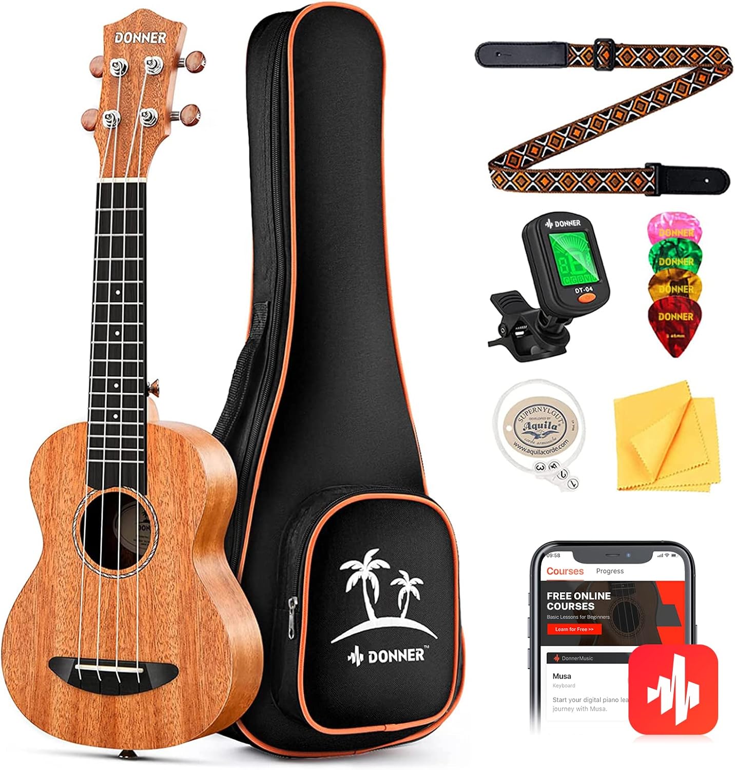 Donner Concert Ukulele 23in Beginner Kit