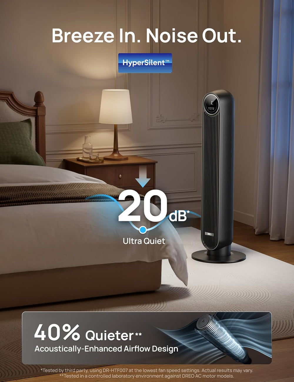 DREO Bladeless Tower Fan Quiet DC Motor - Alternate angle